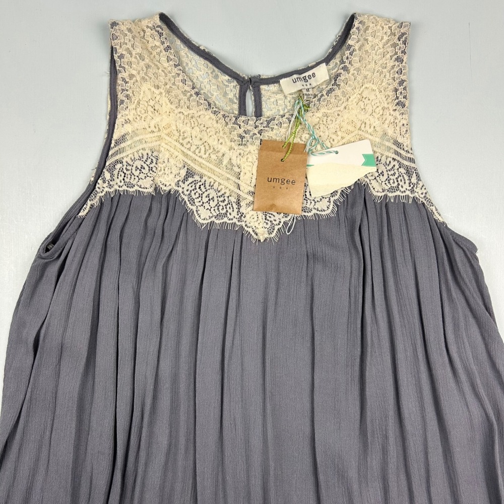 Umgee USA Gray Blue Lace Trim Sleeveless Mini Dress Boho G0716 Womens Medium NWT